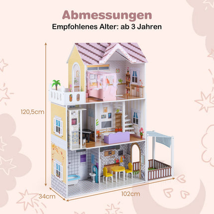 Puppenhaus aus Holz für Kinder, rosa Spielhaus mit 3 Etagen