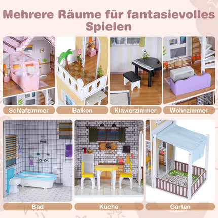 Puppenhaus aus Holz für Kinder, rosa Spielhaus mit 3 Etagen