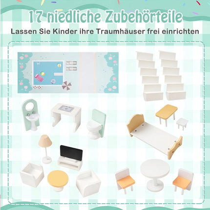 Holzpuppenhaus mit 17-teiligem Möbelset, 3 Etagen