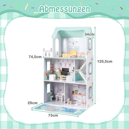 Holzpuppenhaus mit 17-teiligem Möbelset, 3 Etagen