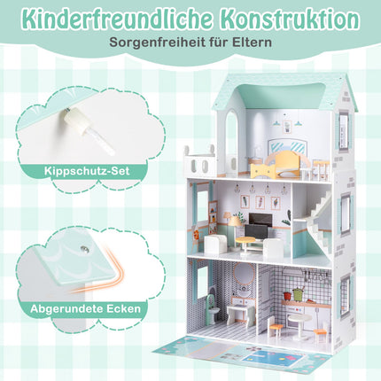 Holzpuppenhaus mit 17-teiligem Möbelset, 3 Etagen