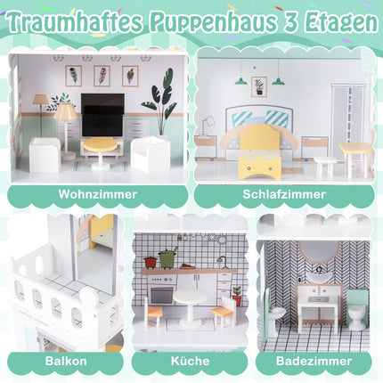 Holzpuppenhaus mit 17-teiligem Möbelset, 3 Etagen