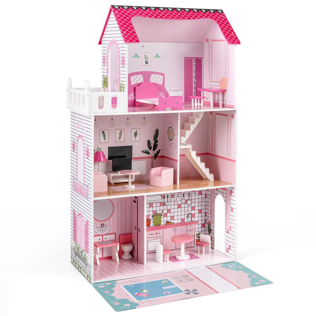 Holzpuppenhaus mit 17-teiligem Möbelset, 3-stöckig