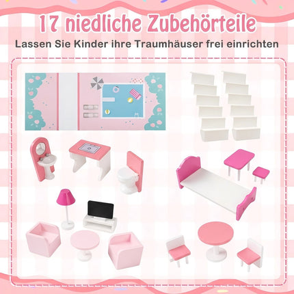 Holzpuppenhaus mit 17-teiligem Möbelset, 3-stöckig