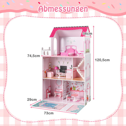 Holzpuppenhaus mit 17-teiligem Möbelset, 3-stöckig