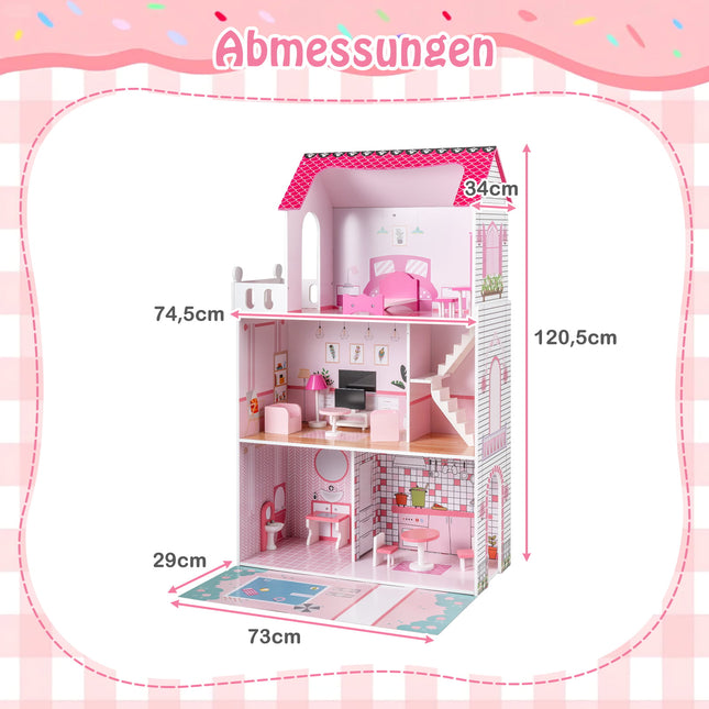 Holzpuppenhaus mit 17-teiligem Möbelset, 3-stöckig