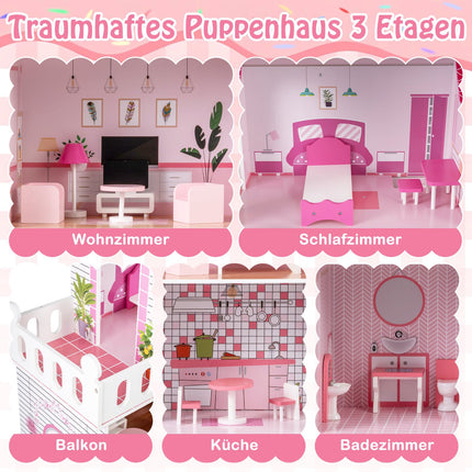 Holzpuppenhaus mit 17-teiligem Möbelset, 3-stöckig