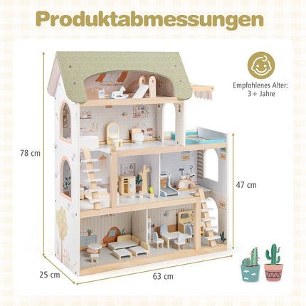 Dřevěný domeček pro panenky s 33 kusy nábytku, balkonem a bazénem