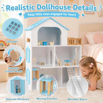 Wooden Dollhouse with 5 Rooms, Elevator and Furniture, Blue, Ages 3+