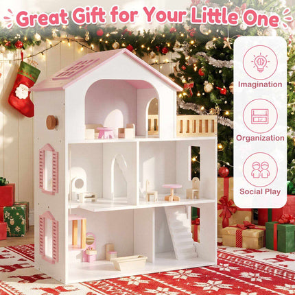 Wooden Dollhouse with 5 Rooms, Elevator and Furniture, Pink, Ages 3+