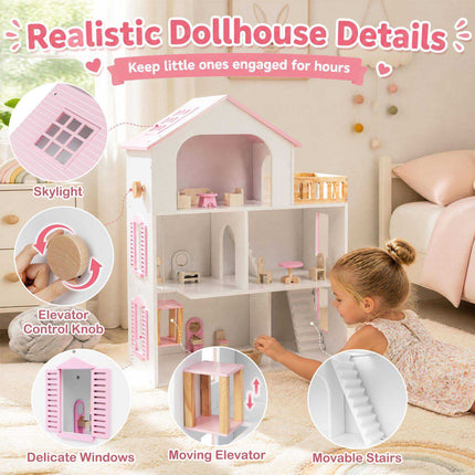 Wooden Dollhouse with 5 Rooms, Elevator and Furniture, Pink, Ages 3+