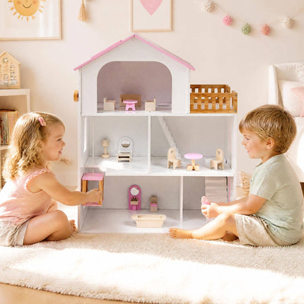 Wooden Dollhouse with 5 Rooms, Elevator and Furniture, Pink, Ages 3+