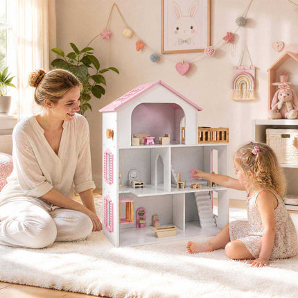 Wooden Dollhouse with 5 Rooms, Elevator and Furniture, Pink, Ages 3+