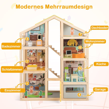 Holzpuppenhaus mit Möbeln & Figuren, Design mit mehreren Zimmern