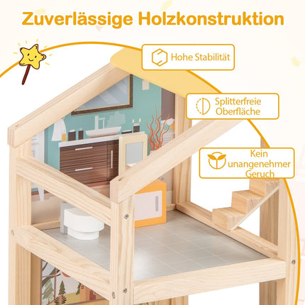 Holzpuppenhaus mit Möbeln & Figuren, Design mit mehreren Zimmern