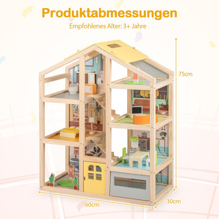 Holzpuppenhaus mit Möbeln & Figuren, Design mit mehreren Zimmern