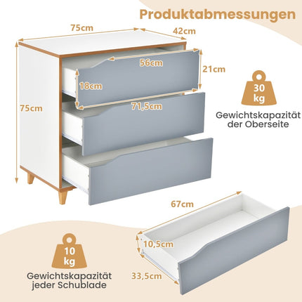 Holz-Schubladenkommode, Grau, 75x42x75 cm, Schlafzimmeraufbewahrung