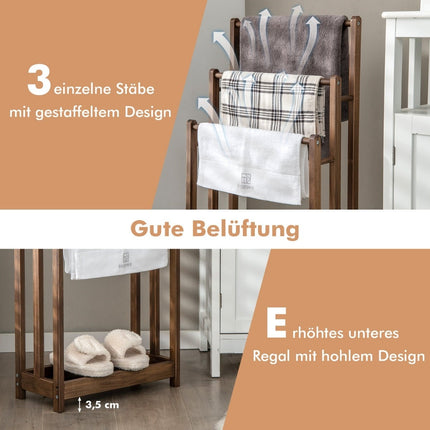 Handtuchhalter freistehend Holz, 3 Etagen mit Ablage, Braun