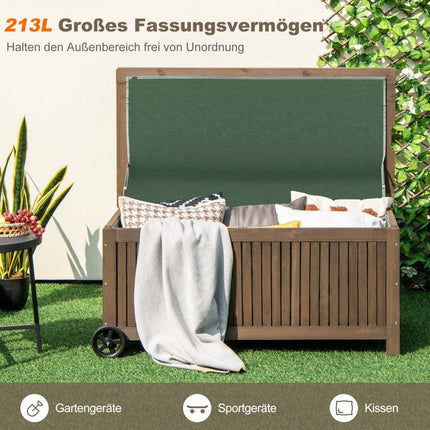 Coffre de jardin en bois 213 L, coffre de rangement à roulettes, coffre à coussins avec doublure imperméable en PE, 114 x 58,5 x 51 cm, marron