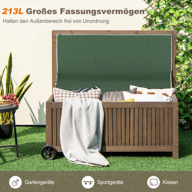 Gartenbox aus Holz, 213 L, Aufbewahrungsbox mit Rollen, Kissenbox mit wasserdichter PE-Innenverkleidung, 114 x 58,5 x 51 cm, Braun