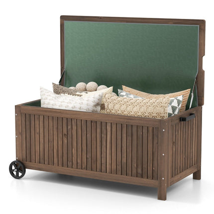 Coffre de jardin en bois 213 L, coffre de rangement à roulettes, coffre à coussins avec doublure imperméable en PE, 114 x 58,5 x 51 cm, marron