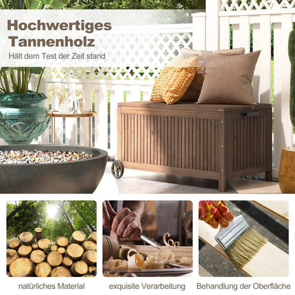 Coffre de jardin en bois 213 L, coffre de rangement à roulettes, coffre à coussins avec doublure imperméable en PE, 114 x 58,5 x 51 cm, marron