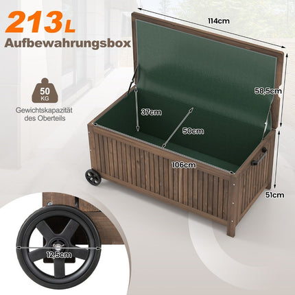 Coffre de jardin en bois 213 L, coffre de rangement à roulettes, coffre à coussins avec doublure imperméable en PE, 114 x 58,5 x 51 cm, marron