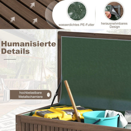 Coffre de jardin en bois 213 L, coffre de rangement à roulettes, coffre à coussins avec doublure imperméable en PE, 114 x 58,5 x 51 cm, marron