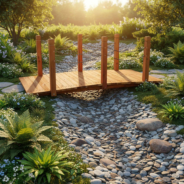 Hölzerne Gartenbrücke – Gewölbt, Kettenreling, Wetterfest