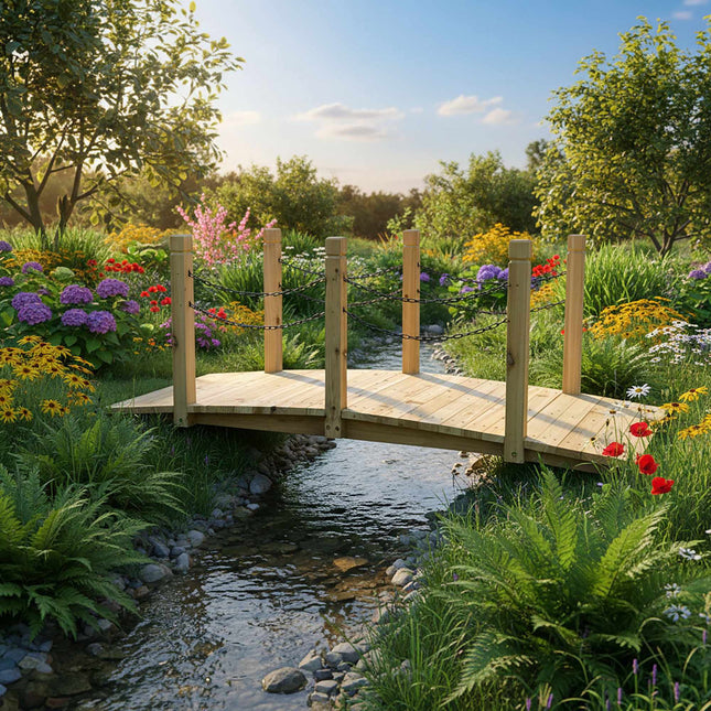 Hölzerne Gartenbrücke mit Kettenbrüstung, wetterfest