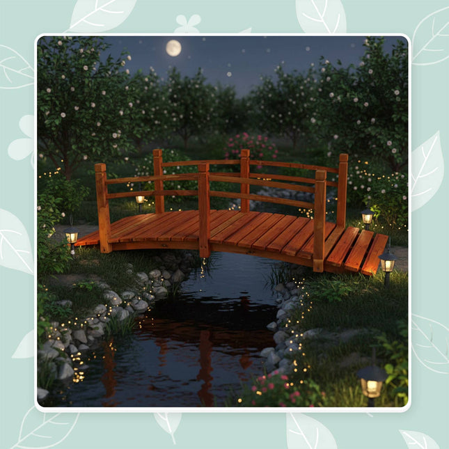 Holzbrücke für den Garten mit Bogen und Geländer