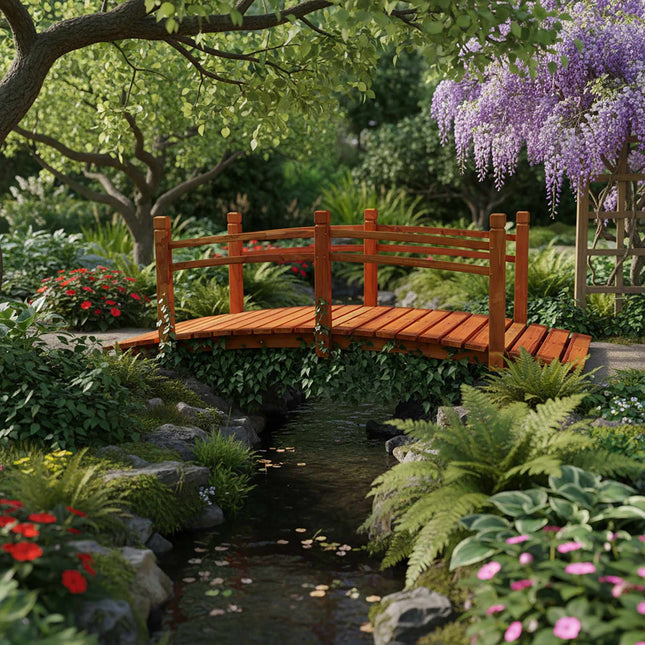 Holzbrücke für den Garten mit Bogen und Geländer