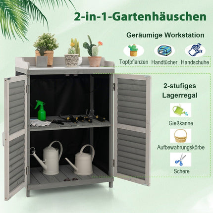 Wooden Garden Cabinet with Metal Top & 2 Shelves, Grey