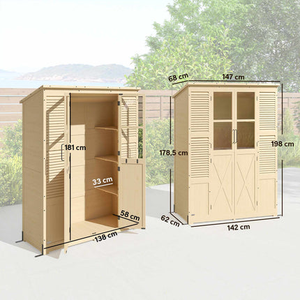 Wooden Garden Shed with Shelves, Double Doors, 147x68x198cm
