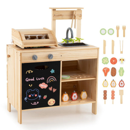 Wooden Grill Playset with Play Food & Grilling Tools & Accessories Kitchen Set