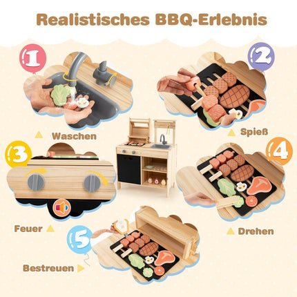 Wooden Grill Playset with Play Food & Grilling Tools & Accessories Kitchen Set