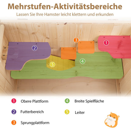Hamsterkäfig aus Holz mit Gitterdeckel und mehreren Leitern