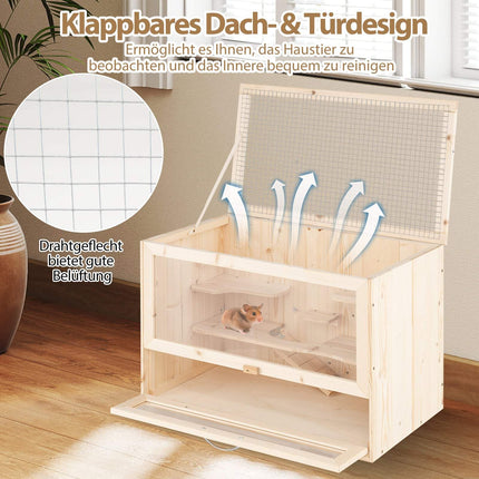 Hamsterkäfig aus Holz mit Gitterdeckel und mehreren Leitern