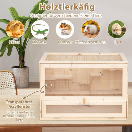 Hamsterkäfig aus Holz mit Gitterdeckel und mehreren Leitern