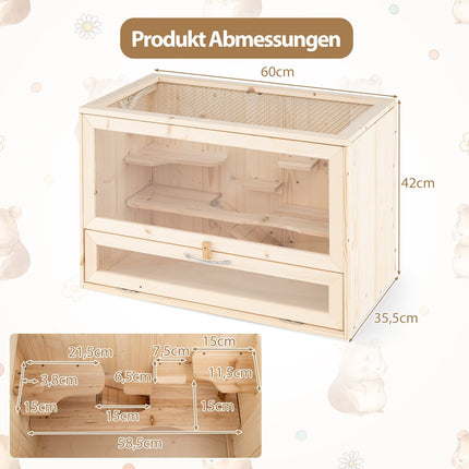 Hamsterkäfig aus Holz mit Gitterdeckel und mehreren Leitern