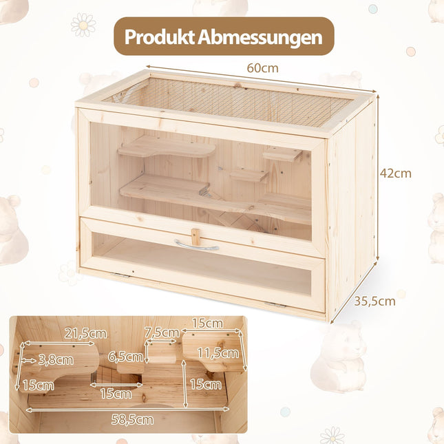 Wooden Hamster Cage with Mesh Lid & Multi-Ladders