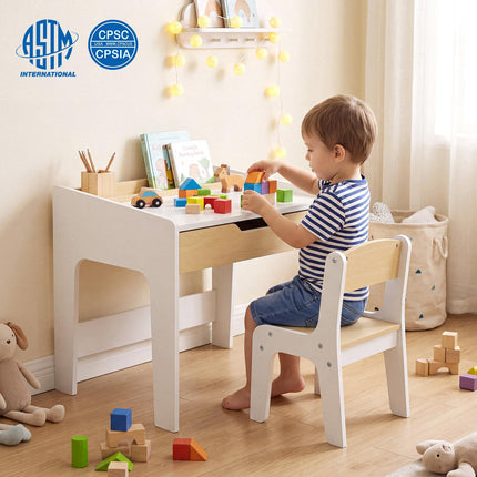 Wooden Kids Desk and Chair Set with Pull-Out Drawer, Natural/White