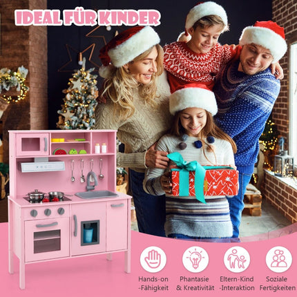 Houten speelkeukenset voor kinderen met magnetron, roze, 72x30x90 cm