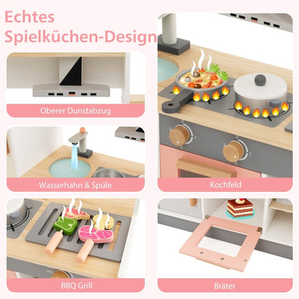 Houten speelkeuken voor kinderen met afzuigkap, koelkast en kraan.