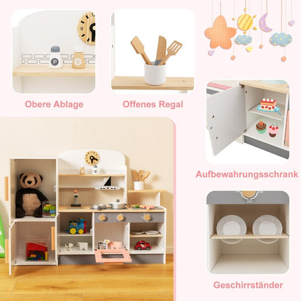 Houten speelkeuken voor kinderen met afzuigkap, koelkast en kraan.