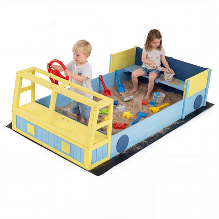 Wooden Kids Sandbox with Bottom Liner, Bench Seat, Blue