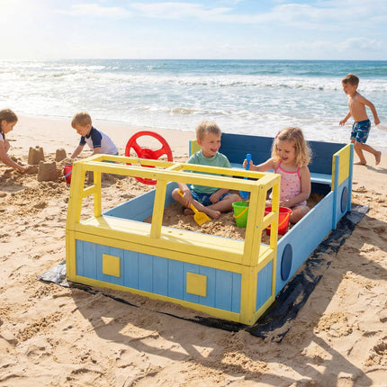 Wooden Kids Sandbox with Bottom Liner, Bench Seat, Blue