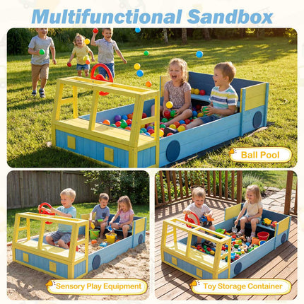Wooden Kids Sandbox with Bottom Liner, Bench Seat, Blue