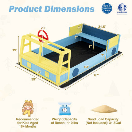 Wooden Kids Sandbox with Bottom Liner, Bench Seat, Blue
