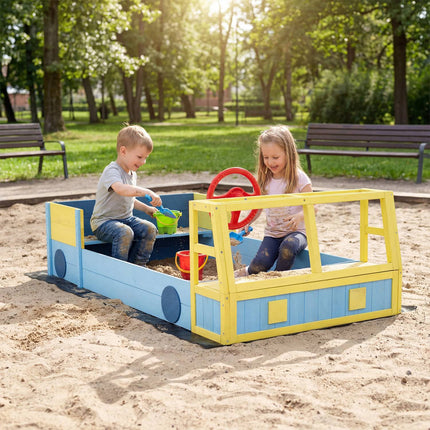 Wooden Kids Sandbox with Bottom Liner, Bench Seat, Blue